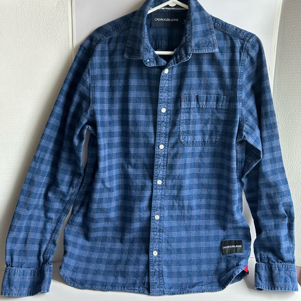 Calvin Klein 100% Cotton button up long sleeve Blue Plaid Shirt size Medium